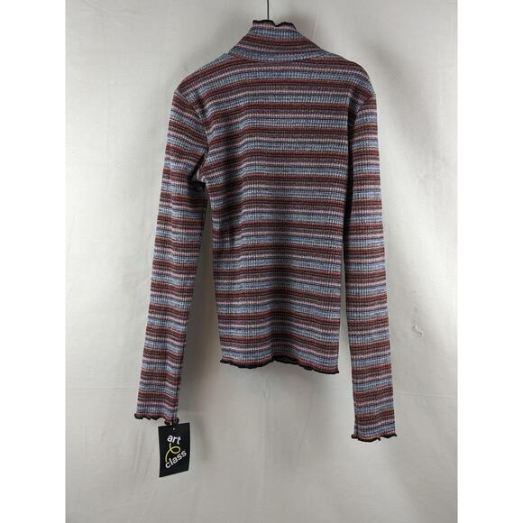 Art Class Lettuce Edge Mock Neck Top L Striped Red Metallic Pullover Long Sleeve - Picture 2 of 7